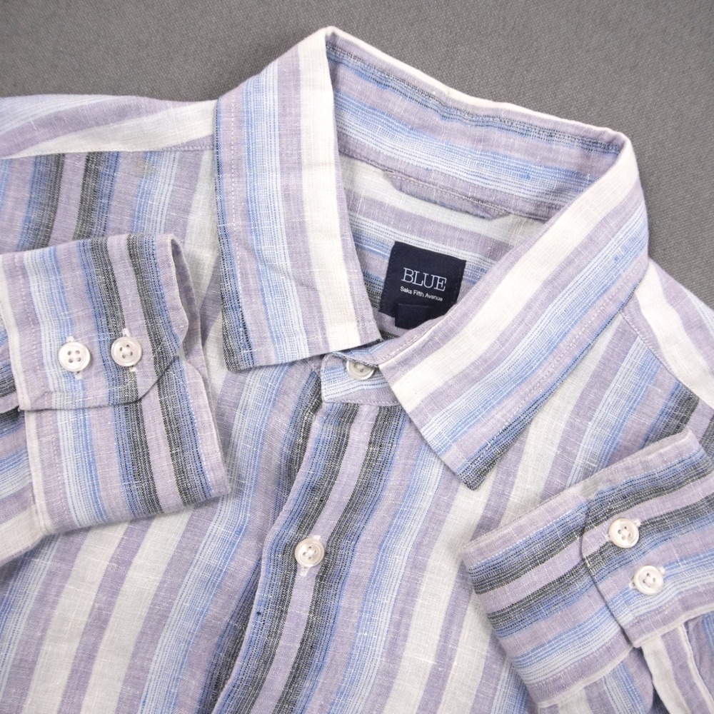 BLUE Saks Men Linen Striped Button Up Shirt M Preppy Vacation Blue Purple Summer